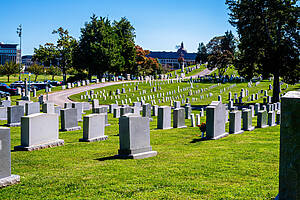 American War Cemetery On Naval Academy, Annapolis, Maryland With Trees And Grass